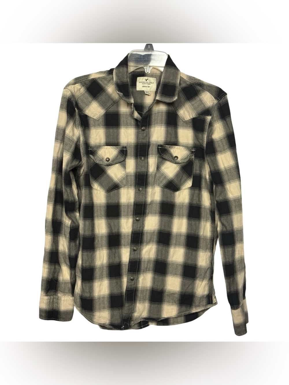 Men’s Flannel Shirt Size S American Eagle Beige Plaid Snap Front Western
